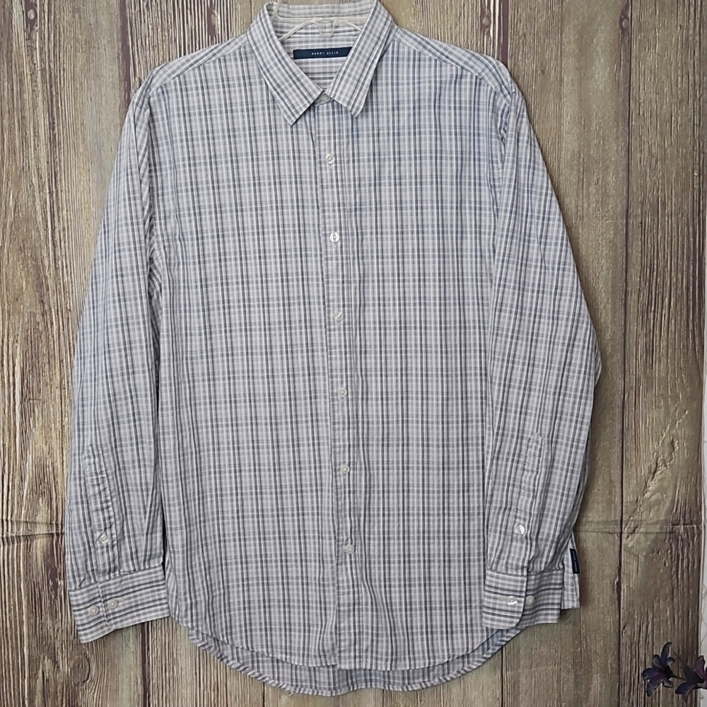 Mens Perry Ellis Plaid Shirt Sz Large 100% Cotton Gray